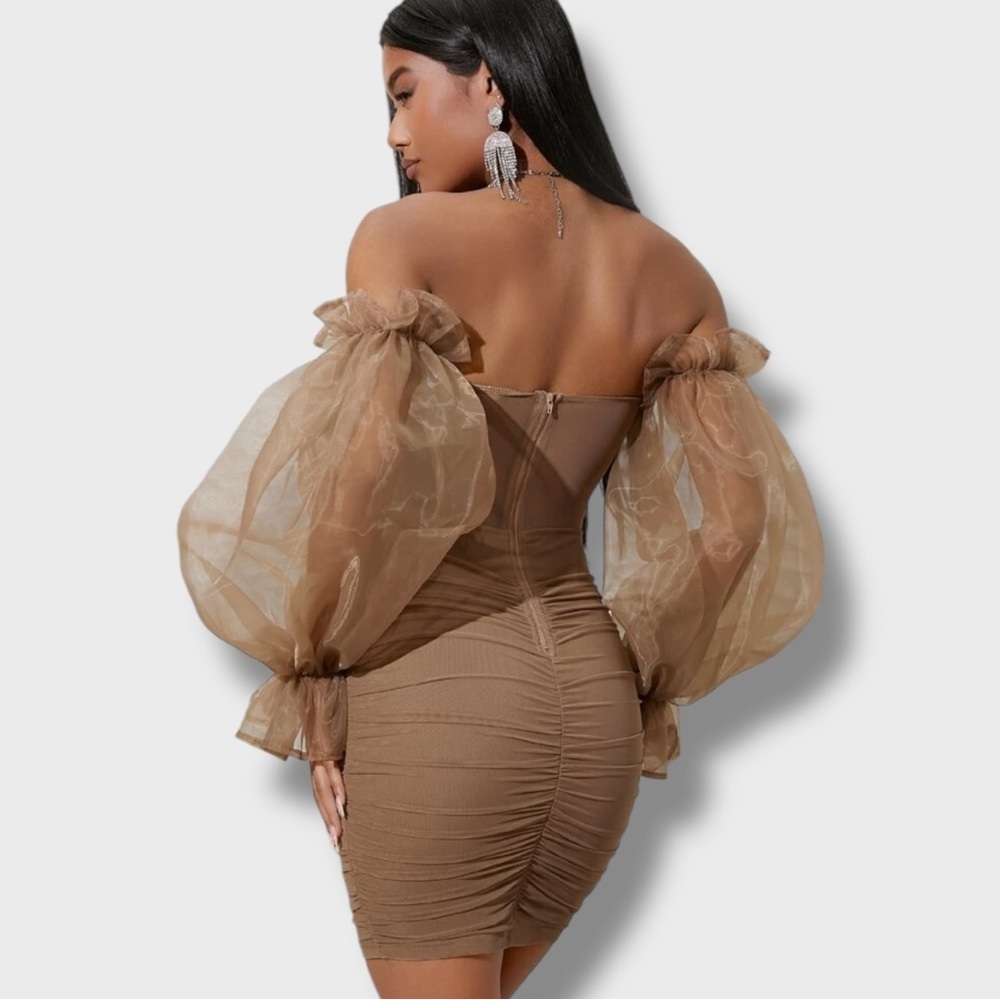 Elegant Brown Off-Shoulder Dress- (S) - Picture 2 of 5